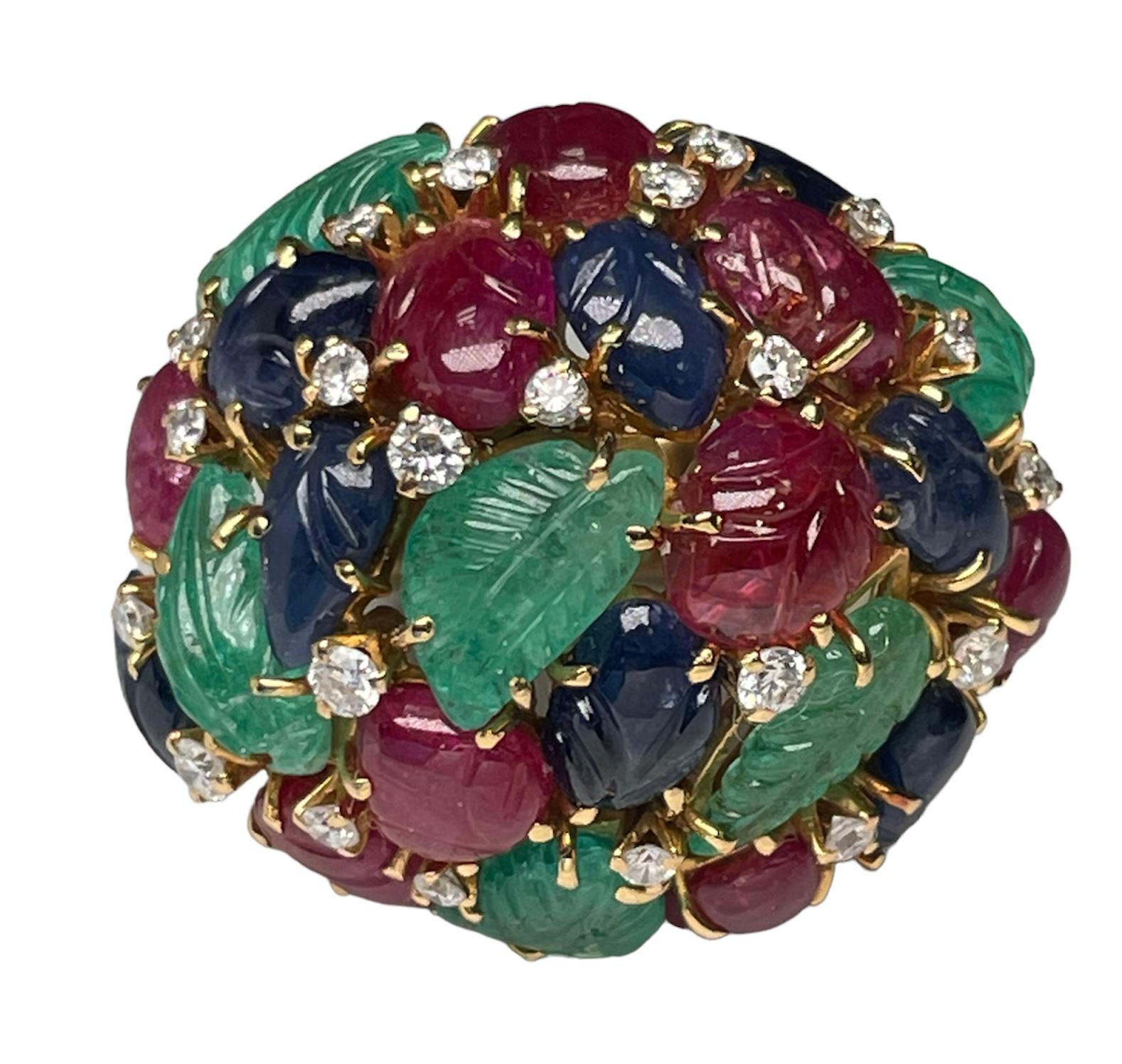 18k Yellow Gold Emeralds, Sapphires, Rubies, Diamonds Tutti-Frutti Cocktail Ring For Sale 1