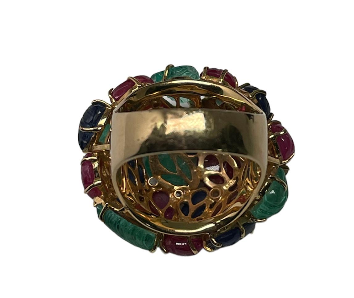 18k Yellow Gold Emeralds, Sapphires, Rubies, Diamonds Tutti-Frutti Cocktail Ring For Sale 3