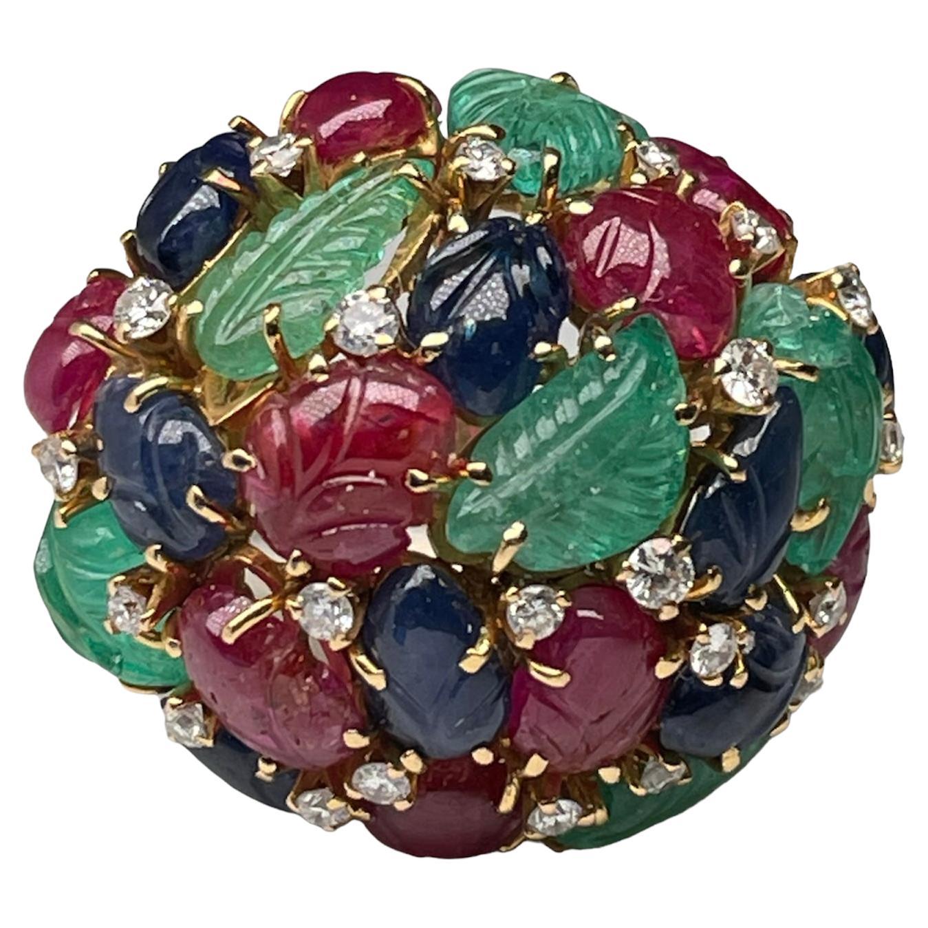 18k Yellow Gold Emeralds, Sapphires, Rubies, Diamonds Tutti-Frutti Cocktail Ring For Sale