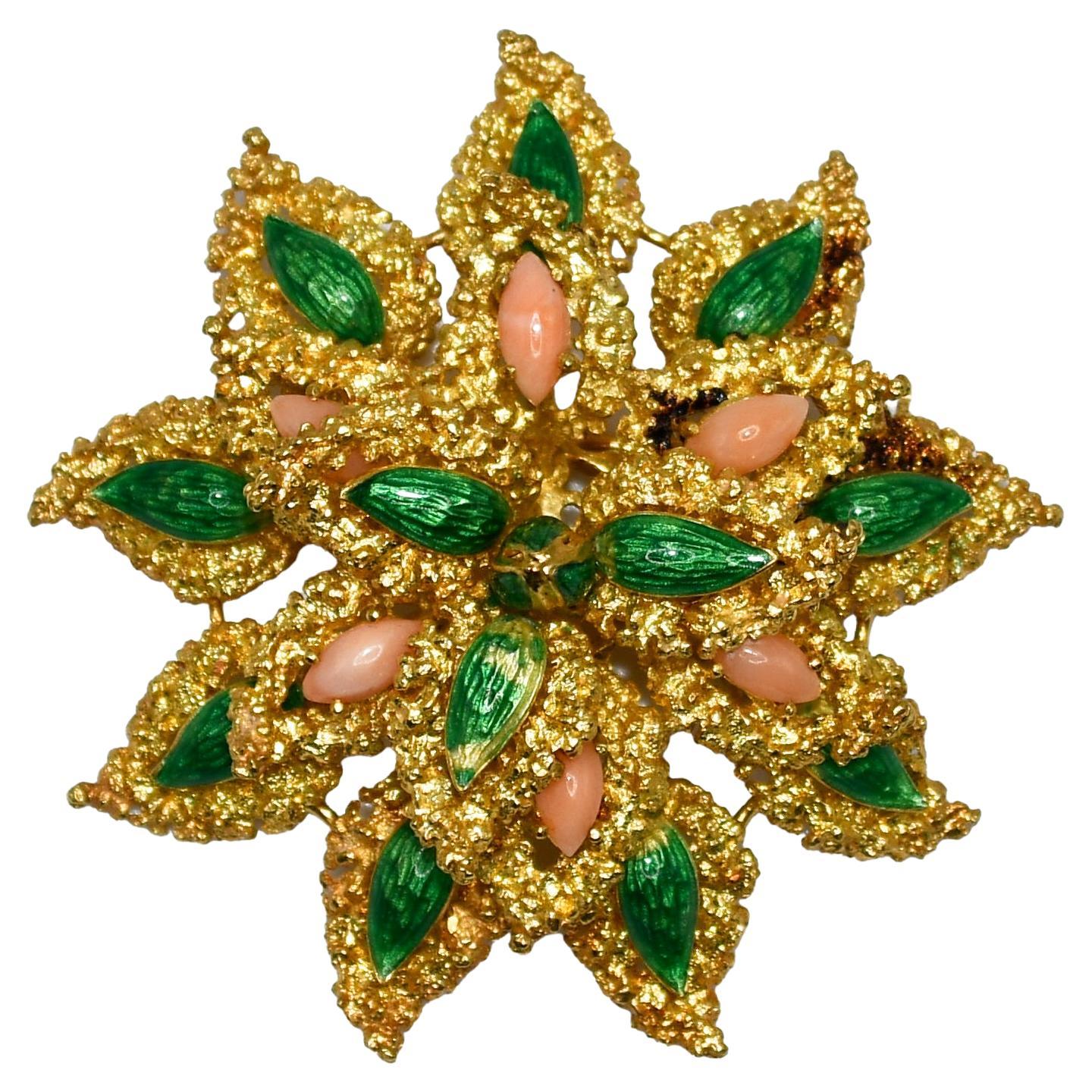 Broche en or jaune 18 carats, émail et corail, 24,1 g