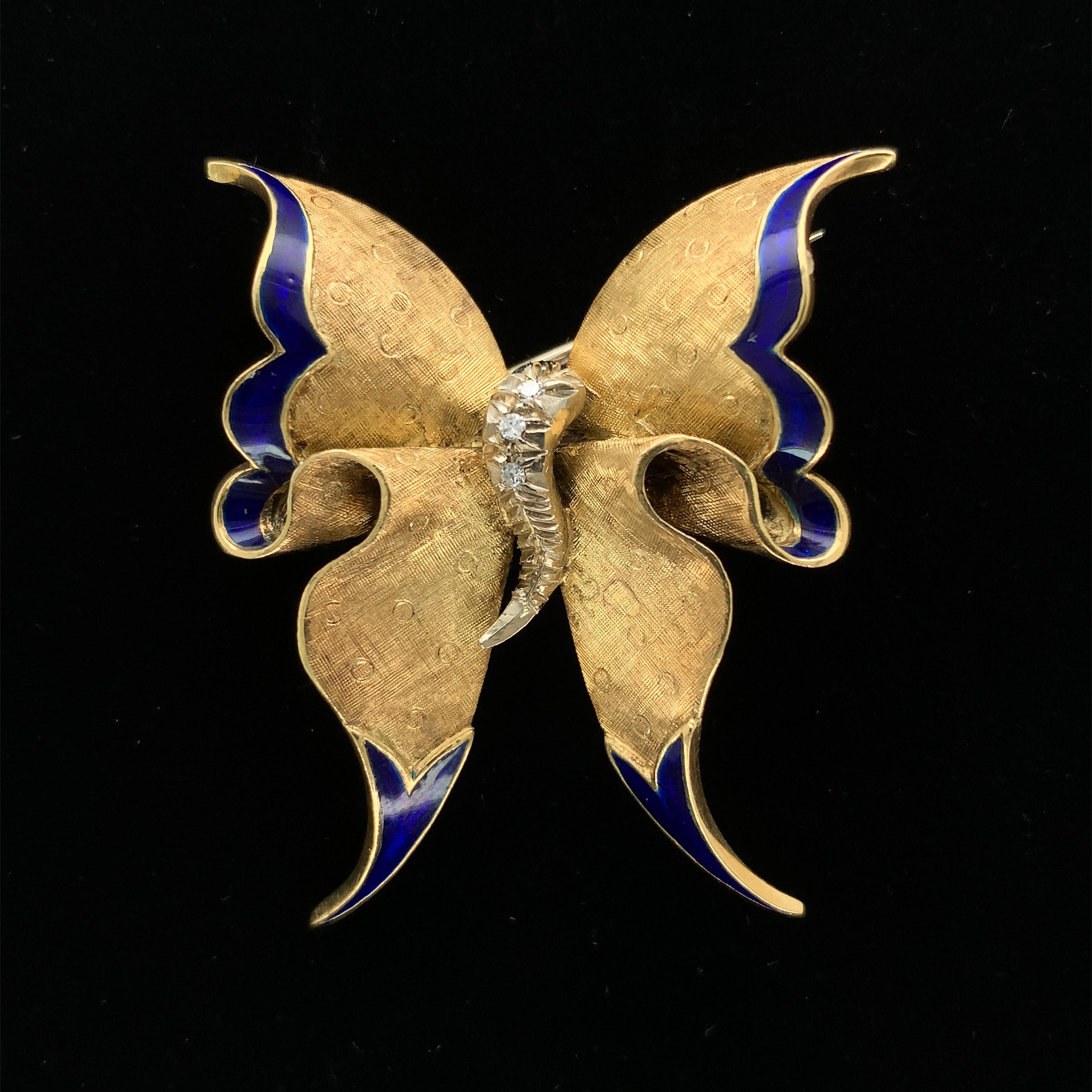 Round Cut 18K yellow gold Enamel Butterfly Pin Signed by Ruth Satsky