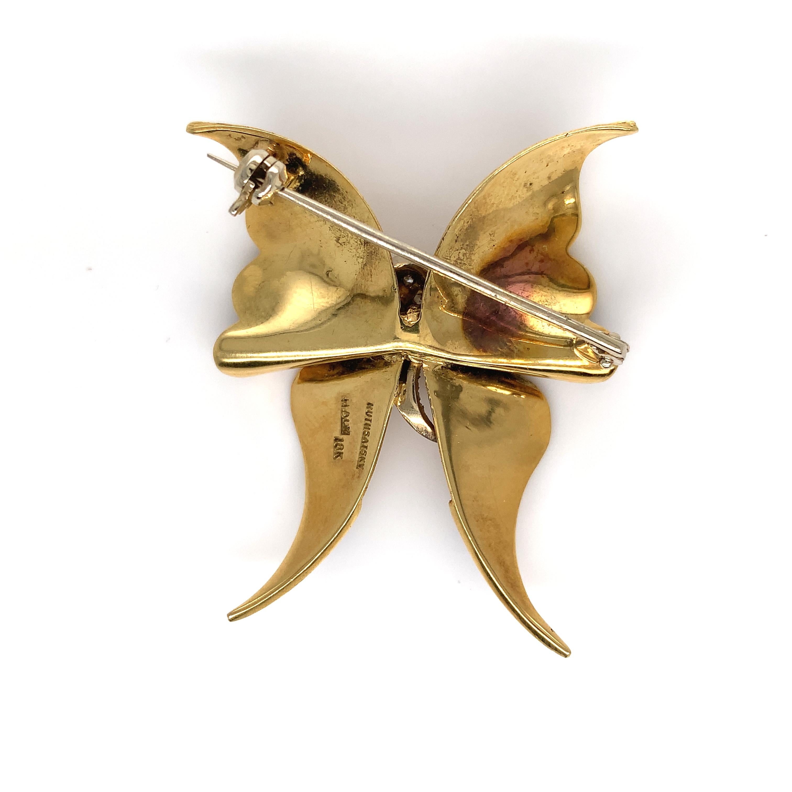 18K yellow gold Enamel Butterfly Pin Signed by Ruth Satsky In Good Condition In Big Bend, WI