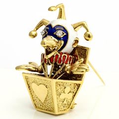 18 Karat Yellow Gold Enamel Clown in the Box Brooch