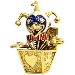 18 Karat Yellow Gold Enamel Clown in the Box Brooch