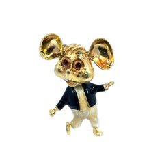 18k Yellow Gold Enamel Coat Wearing Whimsical Mouse brooch