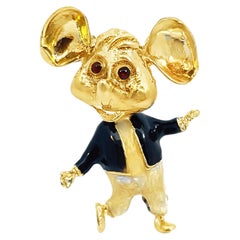 18k Yellow Gold Enamel Coat Wearing Whimsical Mouse brooch
