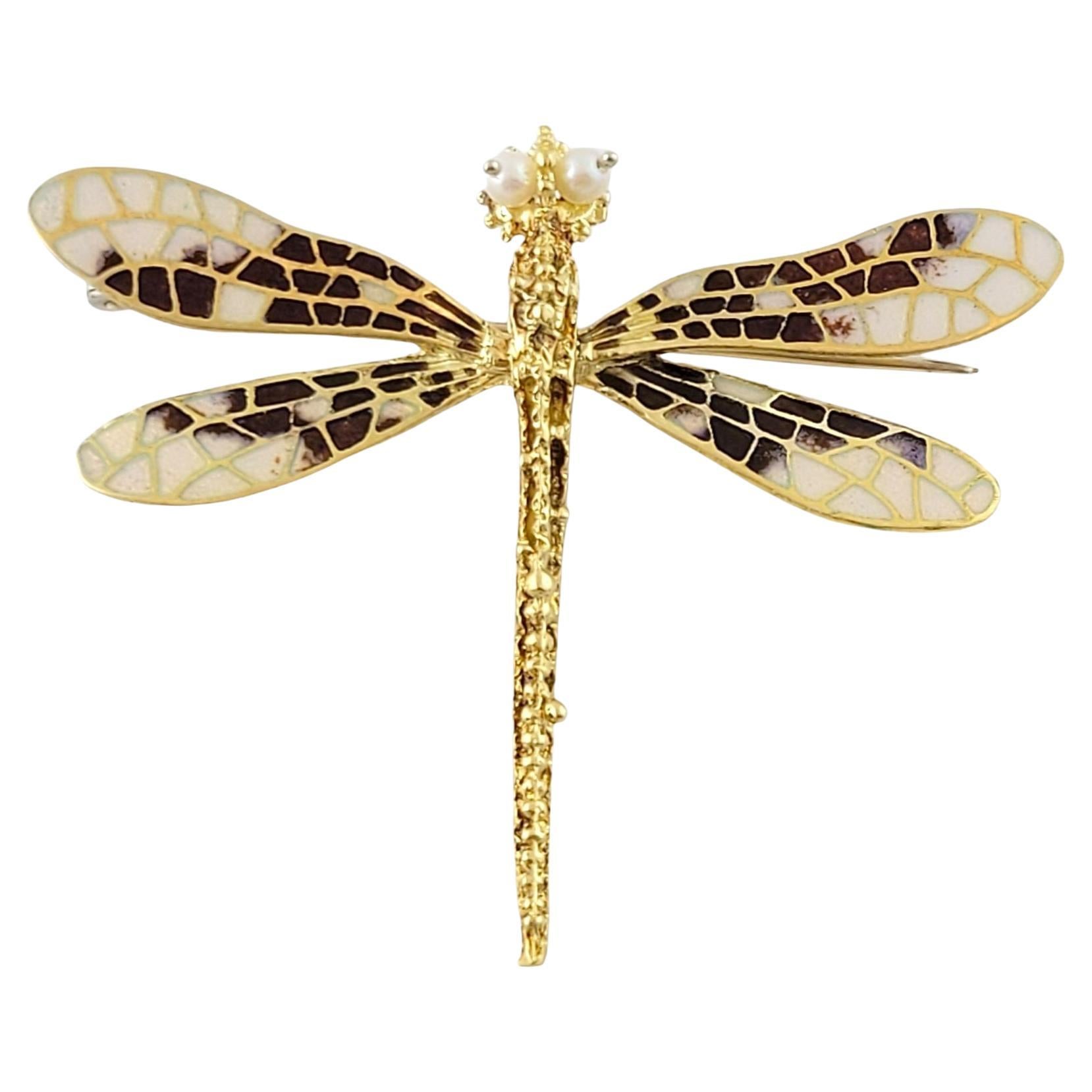 18 Karat Yellow Gold & Enamel Dragonfly Pin Brooch For Sale