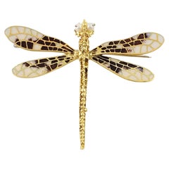 Vintage 18 Karat Yellow Gold & Enamel Dragonfly Pin Brooch