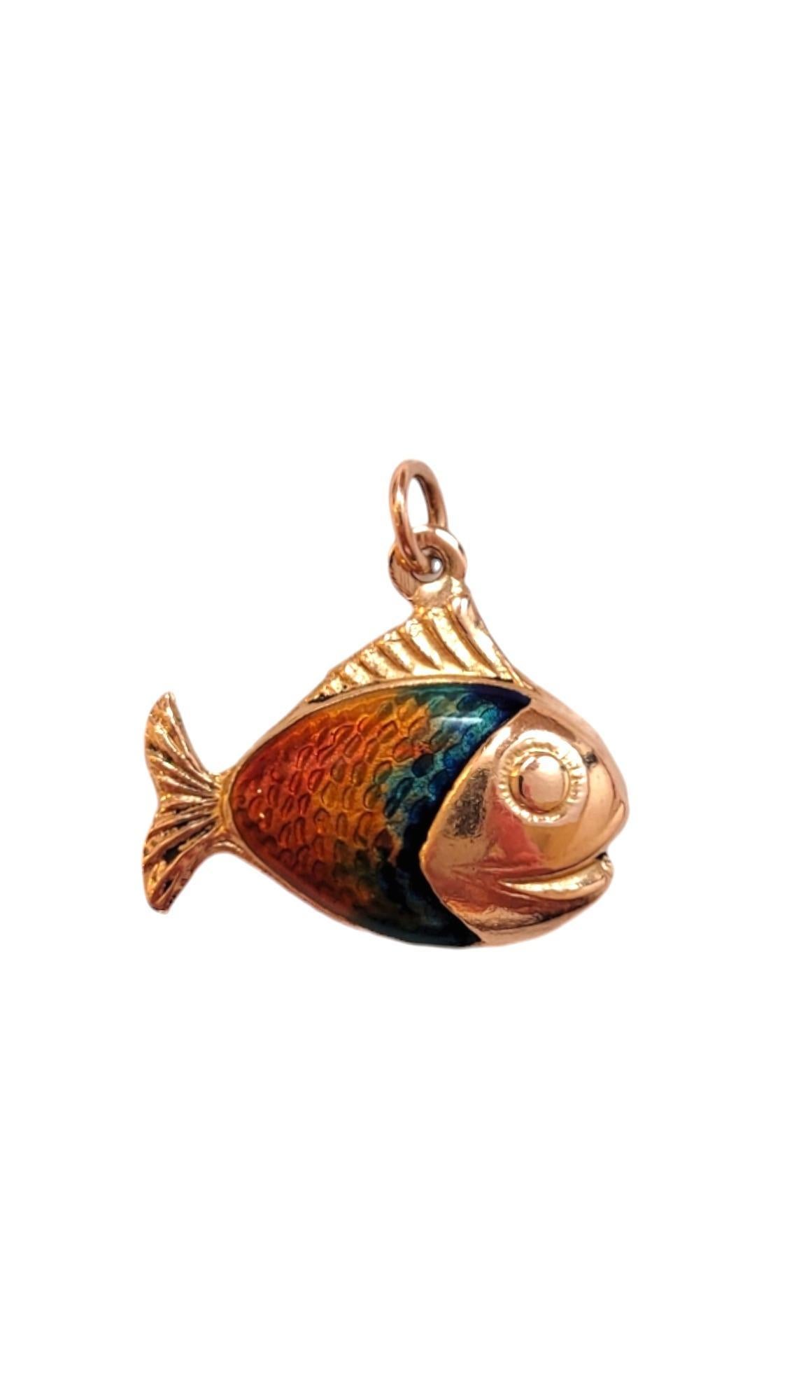 14K Yellow Gold Enamel Fish Charm - 

This vibrant piece features an eye catching fish design adorned with colorful rainbow enamel. 

Size: 20.5mm X 18.3 mm X 5.6mm

Weight: 1.6dwt/ 2.5 g

Hallmark: S9AR 750

Chain not included

Very good condition,