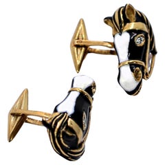 18K Yellow Gold Enamel Horse Head Cufflinks with Diamond Eyes