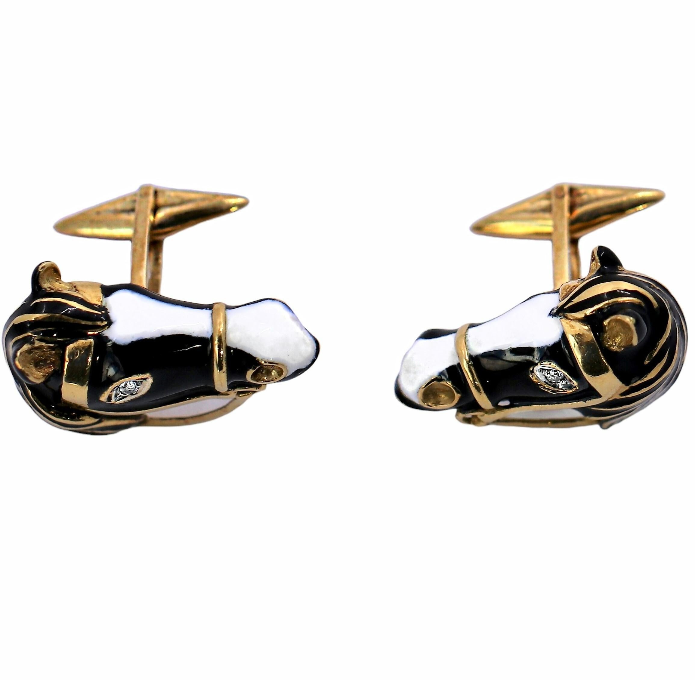18K Yellow Gold Enamel Horse Head Cufflinks with Diamond Eyes In Good Condition For Sale In Palm Beach, FL