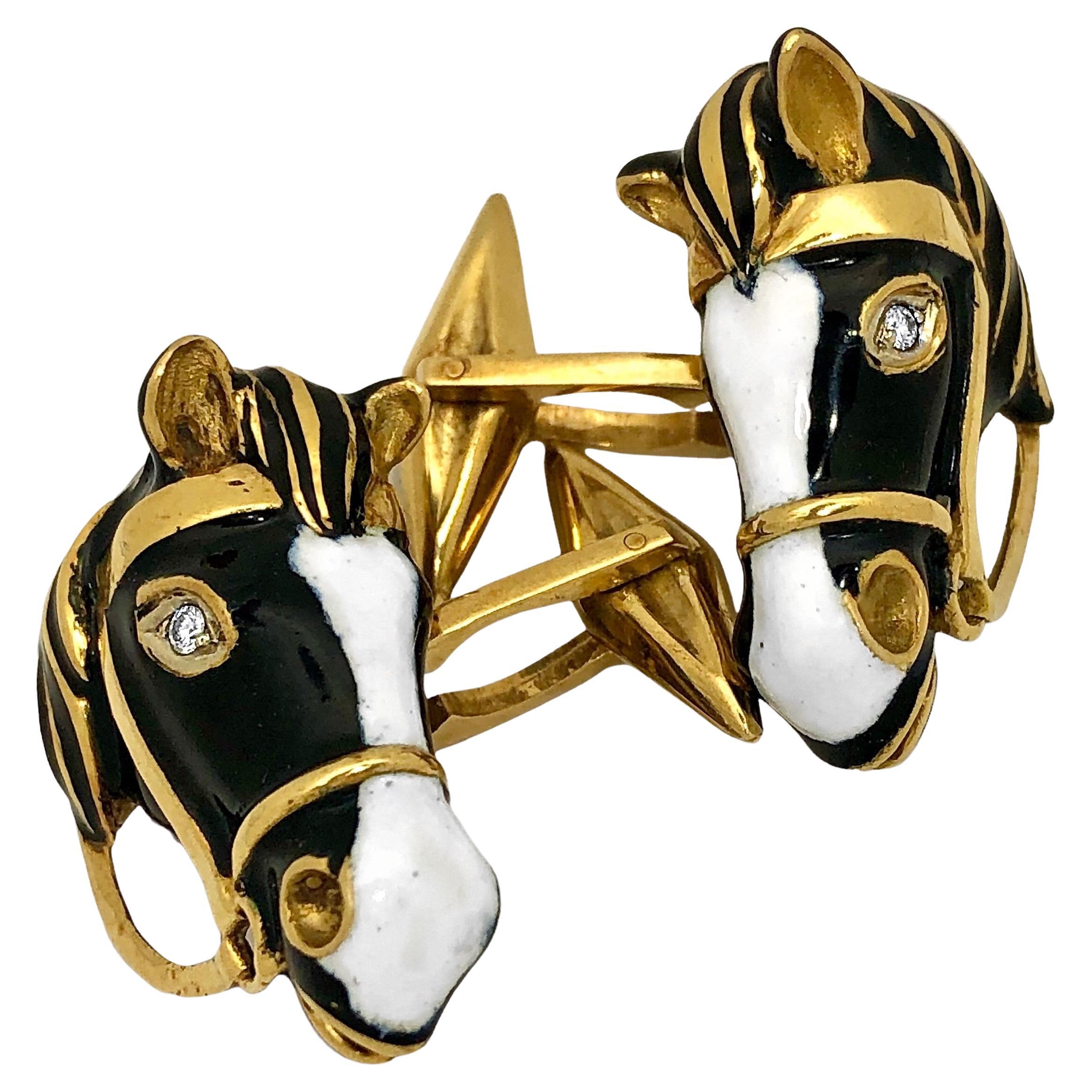 18K Yellow Gold Enamel Horse Head Cufflinks with Diamond Eyes