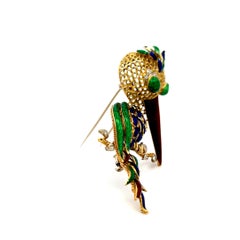 18K Yellow Gold Enamel Long-Beaked Bird Brooch with Diamond Accents 35.1g