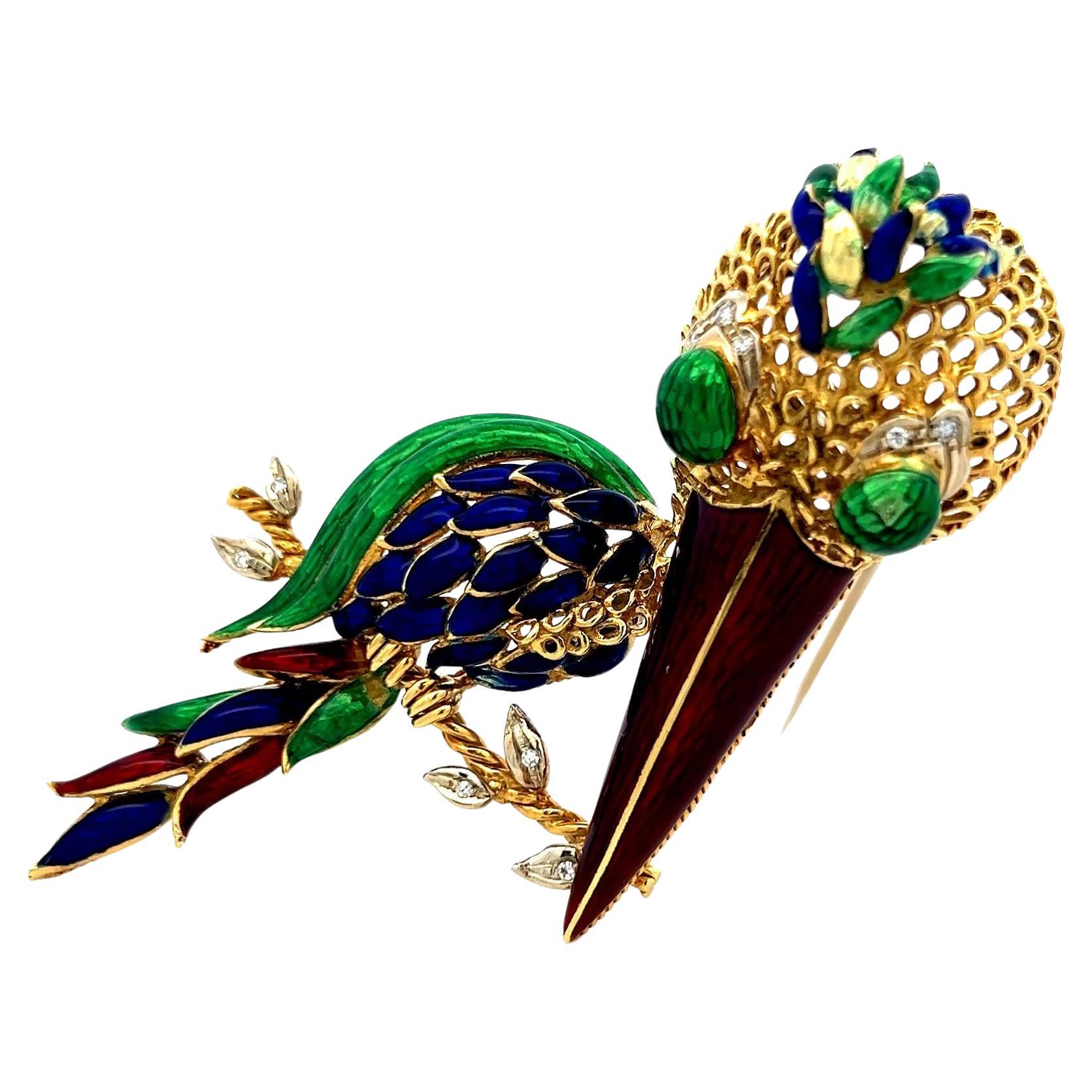 18K Yellow Gold Enamel Long-Beaked Bird Brooch with Diamond Accents 35.1g
