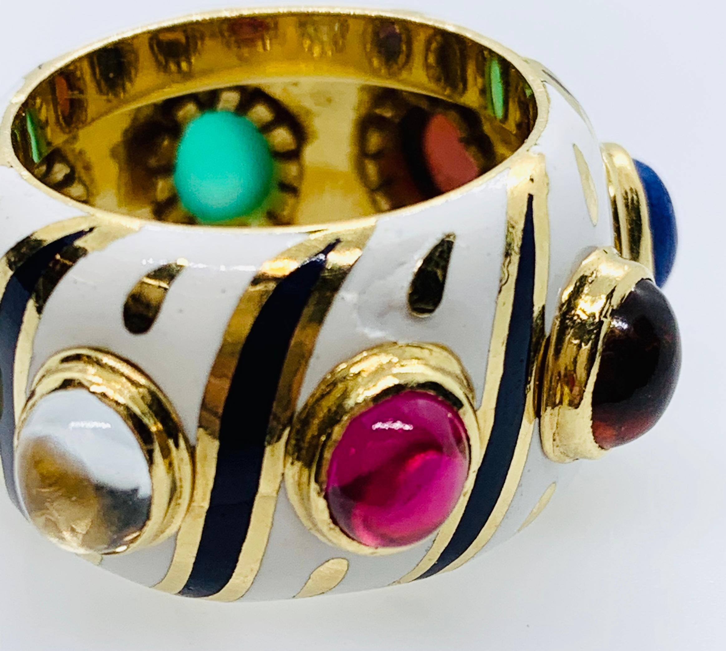 18 Karat Yellow Gold Enamel Multi-Colored Gemstone Band Ring 7