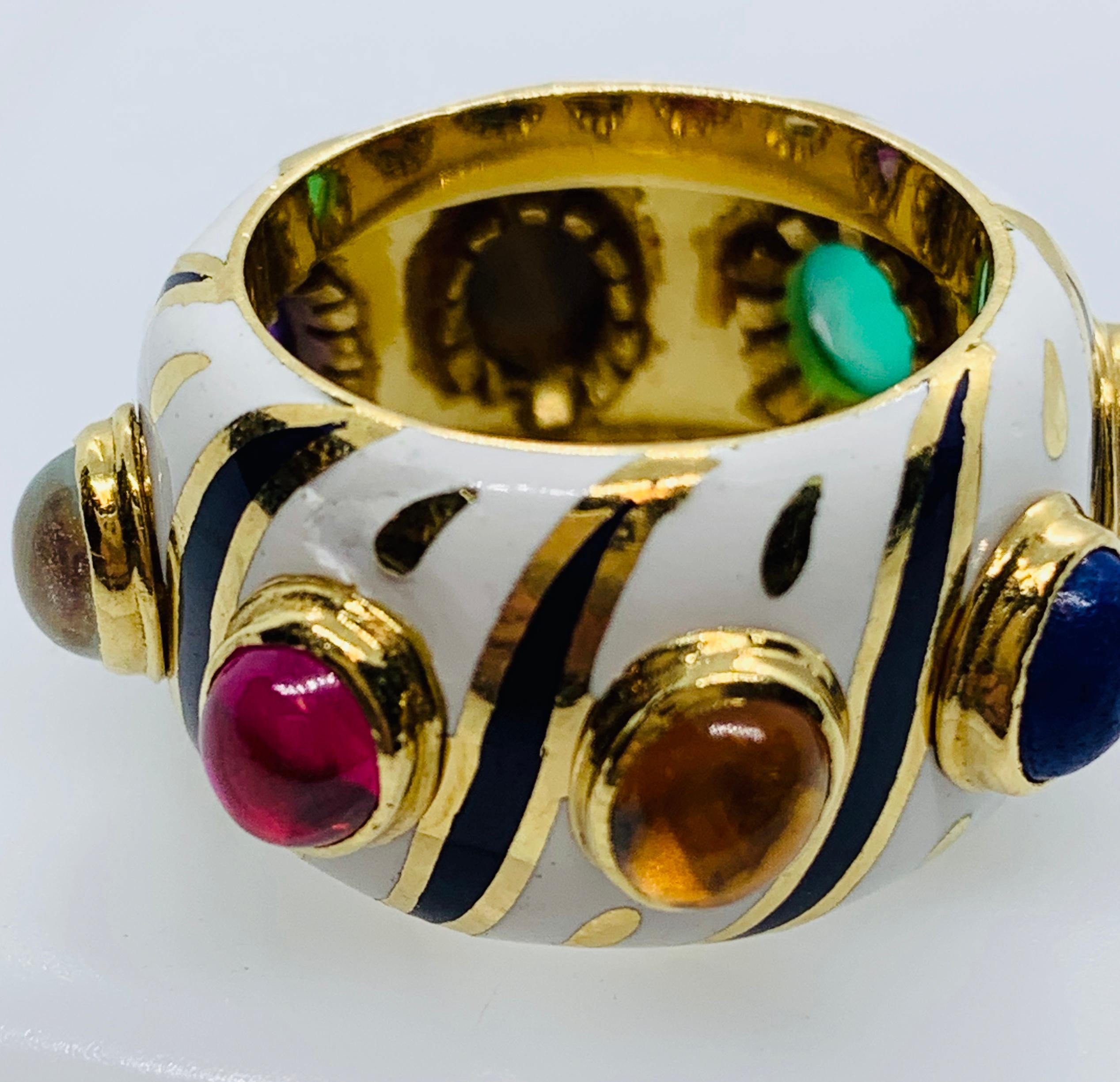 18 Karat Yellow Gold Enamel Multi-Colored Gemstone Band Ring 8
