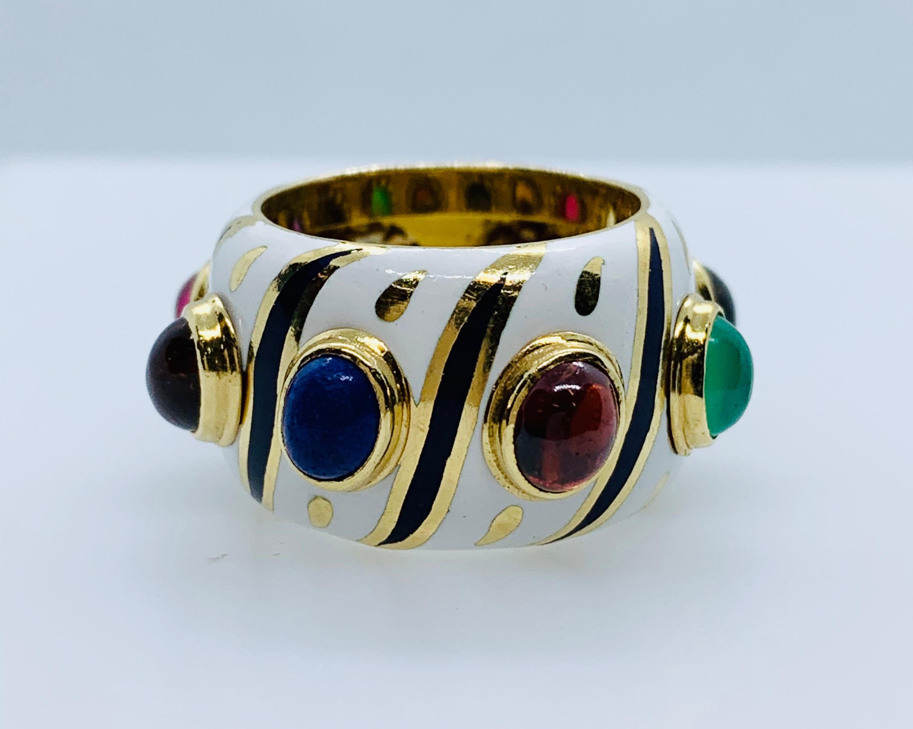 18 Karat Yellow Gold Enamel Multi-Colored Gemstone Band Ring In Good Condition In Birmingham, AL