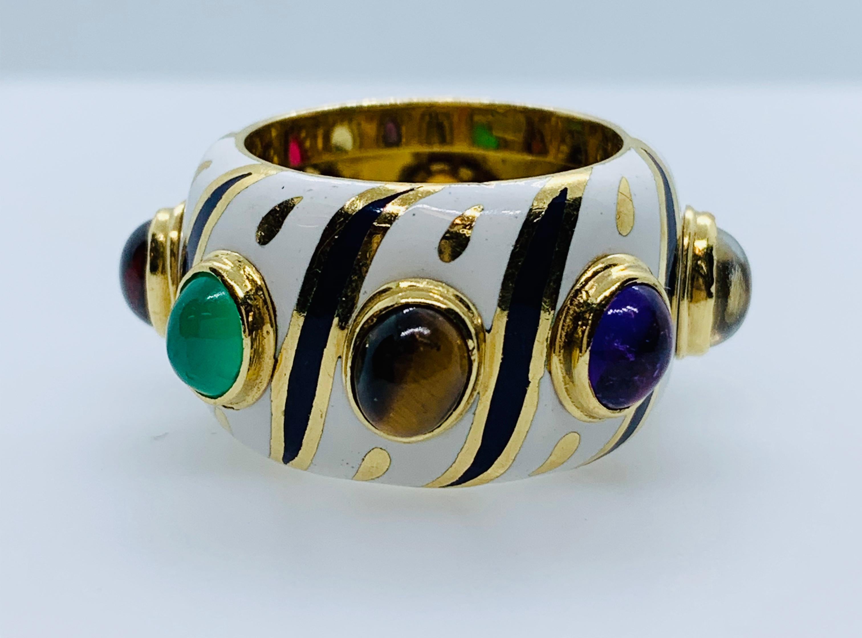 Women's or Men's 18 Karat Yellow Gold Enamel Multi-Colored Gemstone Band Ring