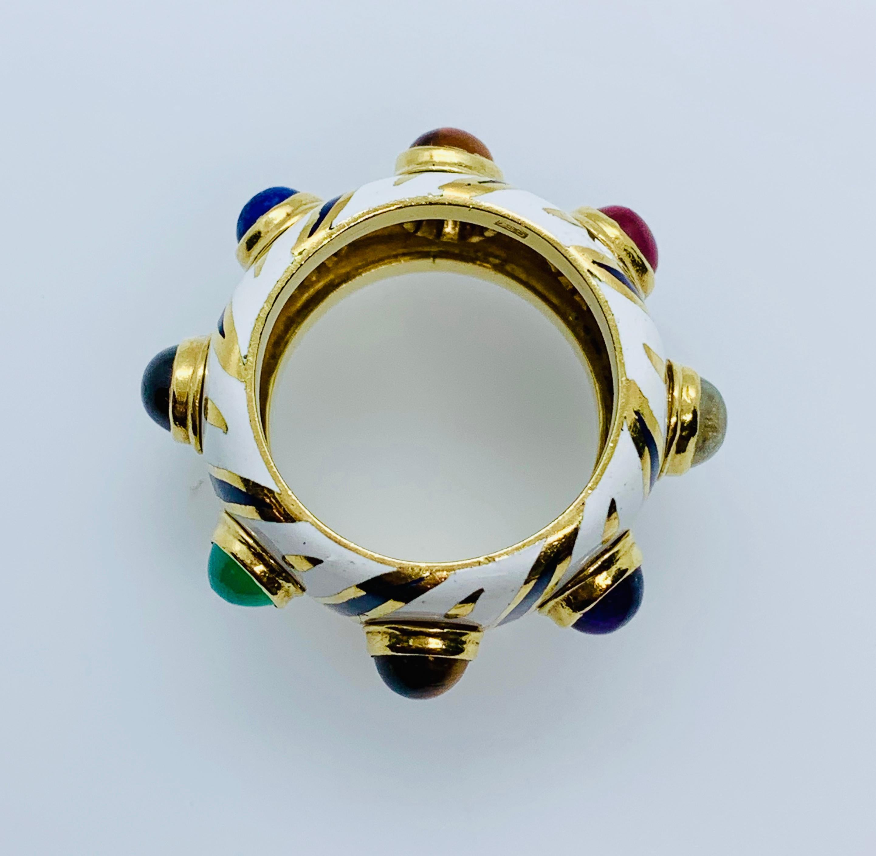 18 Karat Yellow Gold Enamel Multi-Colored Gemstone Band Ring 1