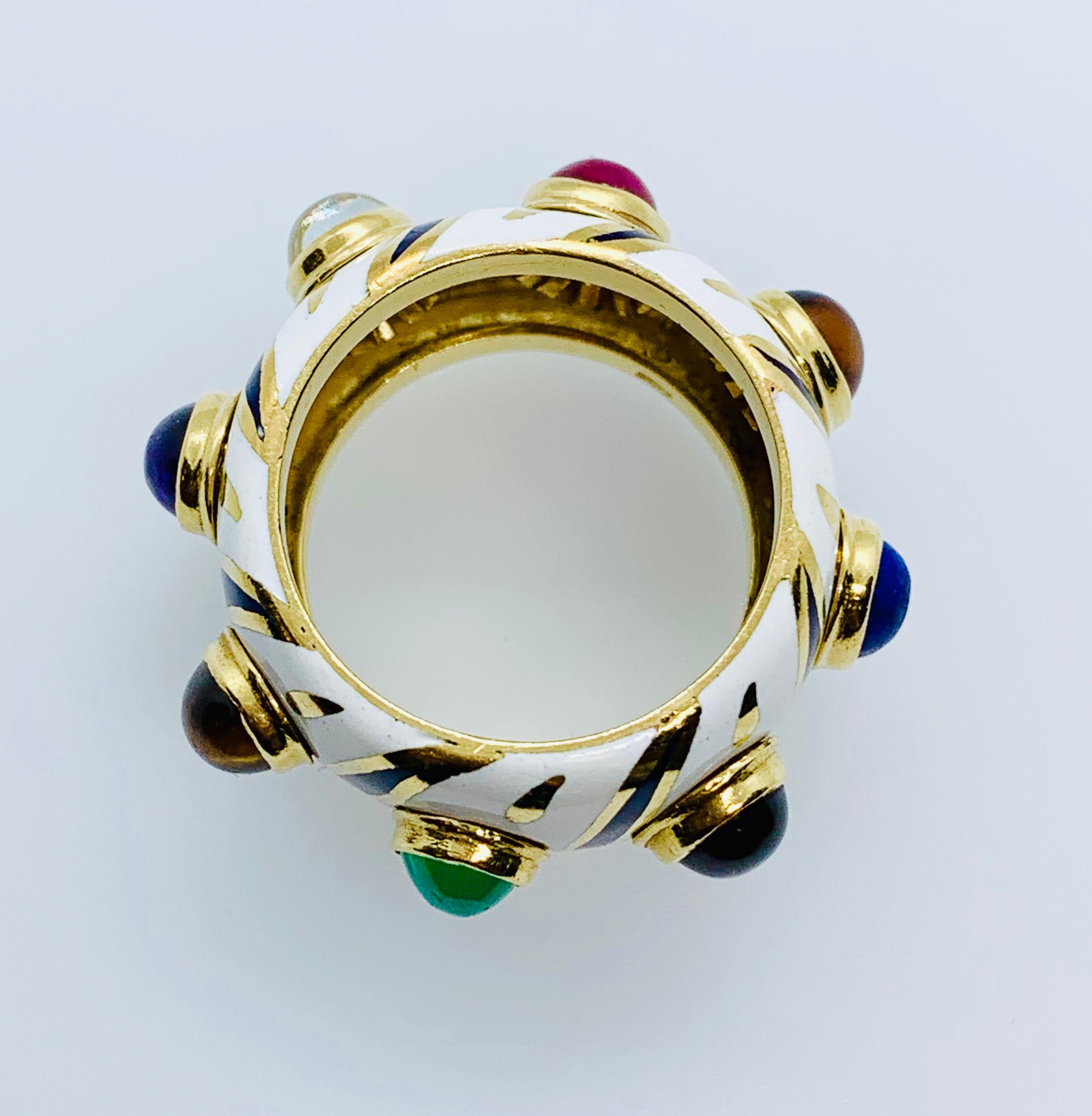 18 Karat Yellow Gold Enamel Multi-Colored Gemstone Band Ring 2