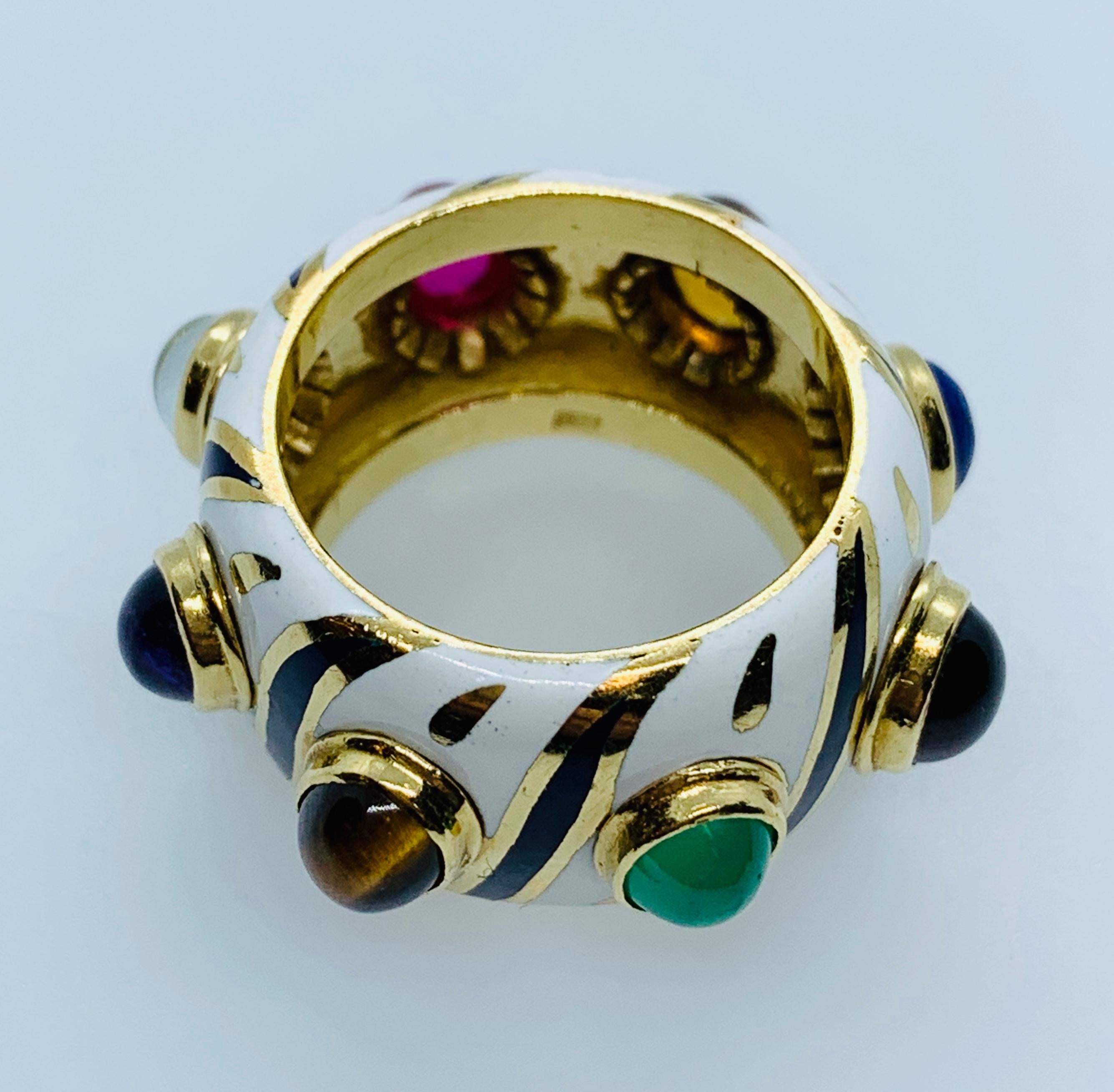 18 Karat Yellow Gold Enamel Multi-Colored Gemstone Band Ring 3