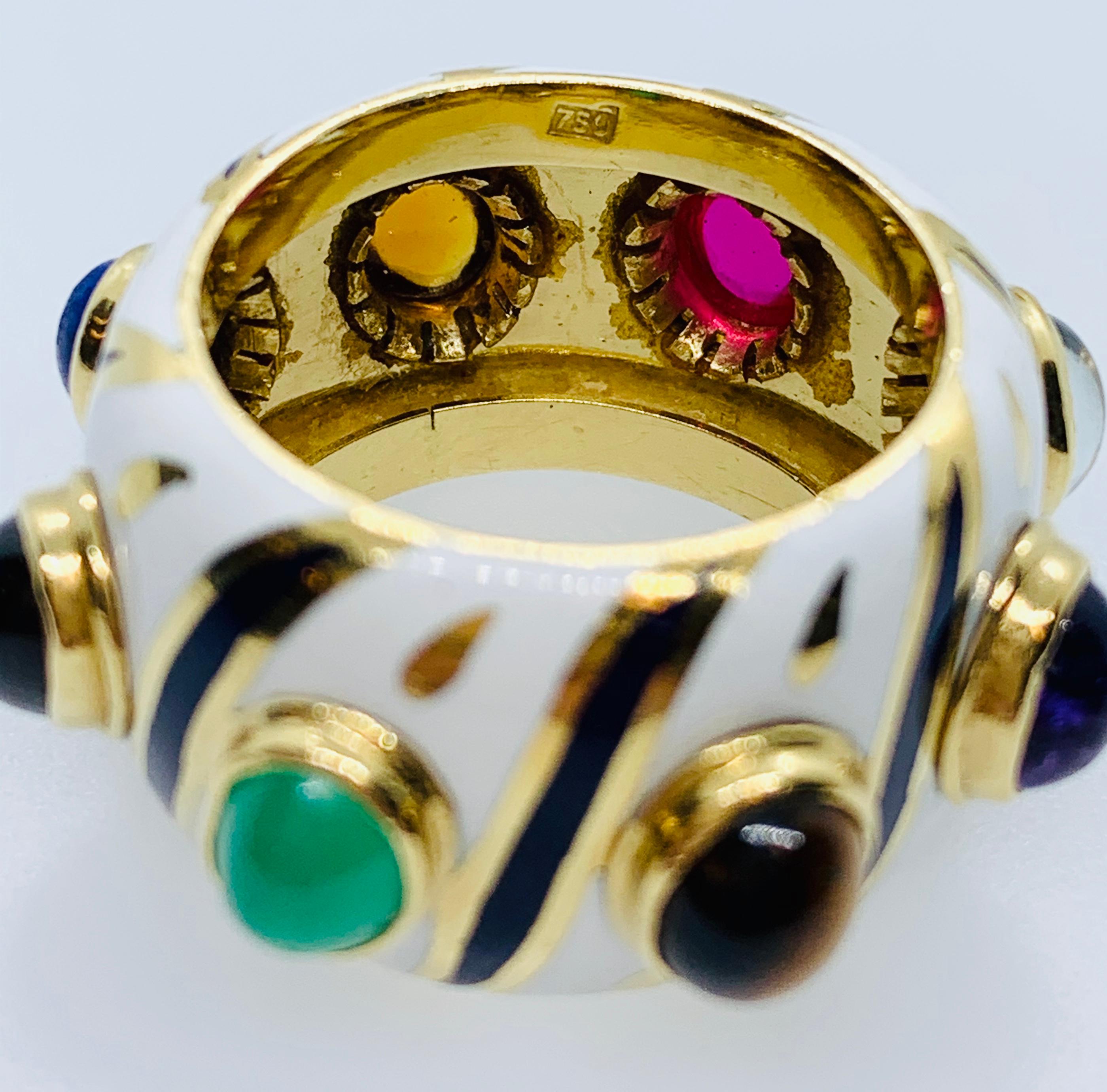 18 Karat Yellow Gold Enamel Multi-Colored Gemstone Band Ring 4