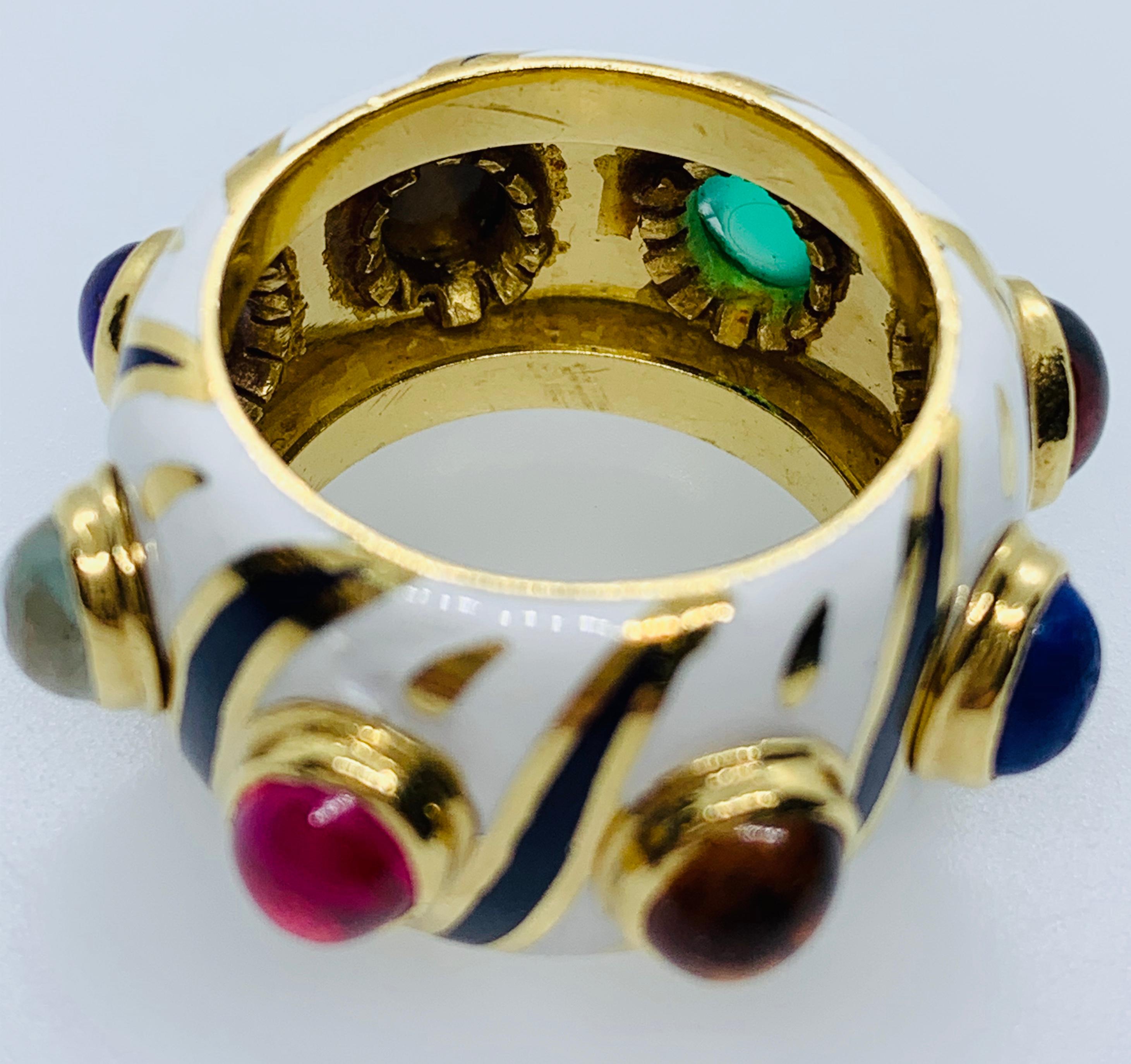 18 Karat Yellow Gold Enamel Multi-Colored Gemstone Band Ring 5