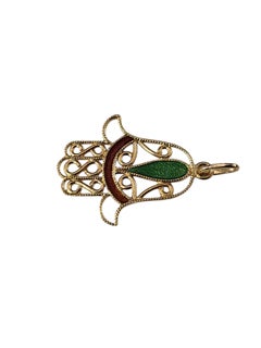 18K Yellow Gold Enamel Reversible Hamsa Hand Pendant #24446