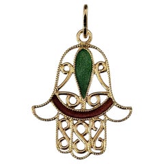 18K Yellow Gold Enamel Reversible Hamsa Hand Pendant #24446