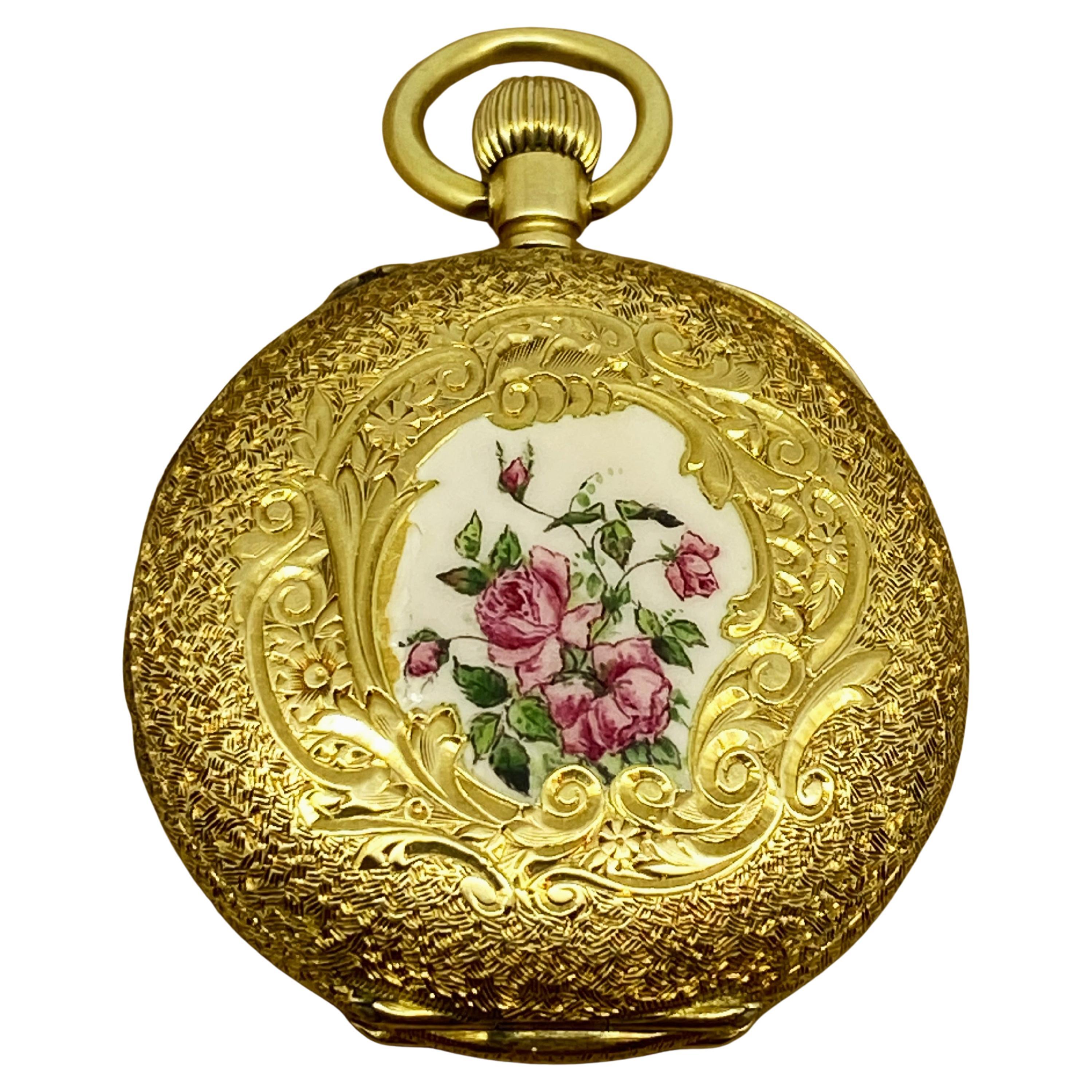 Montre de poche ancienne pour dames en or jaune 18K et émail avec motif de buisson rose à face ouverte