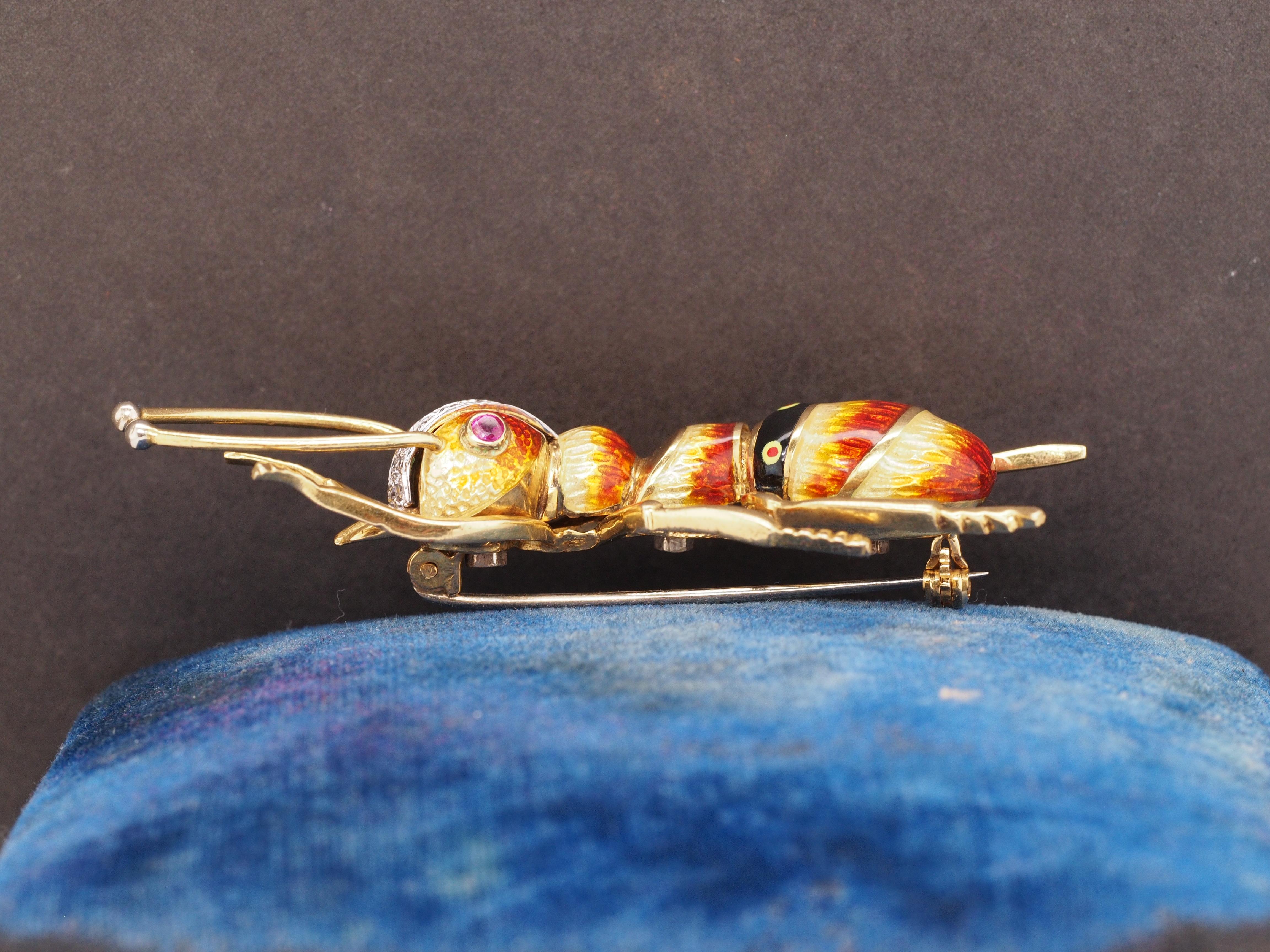 Art Deco 18K Yellow Gold Enamel, Ruby, and Diamond Ant Bug Brooch For Sale