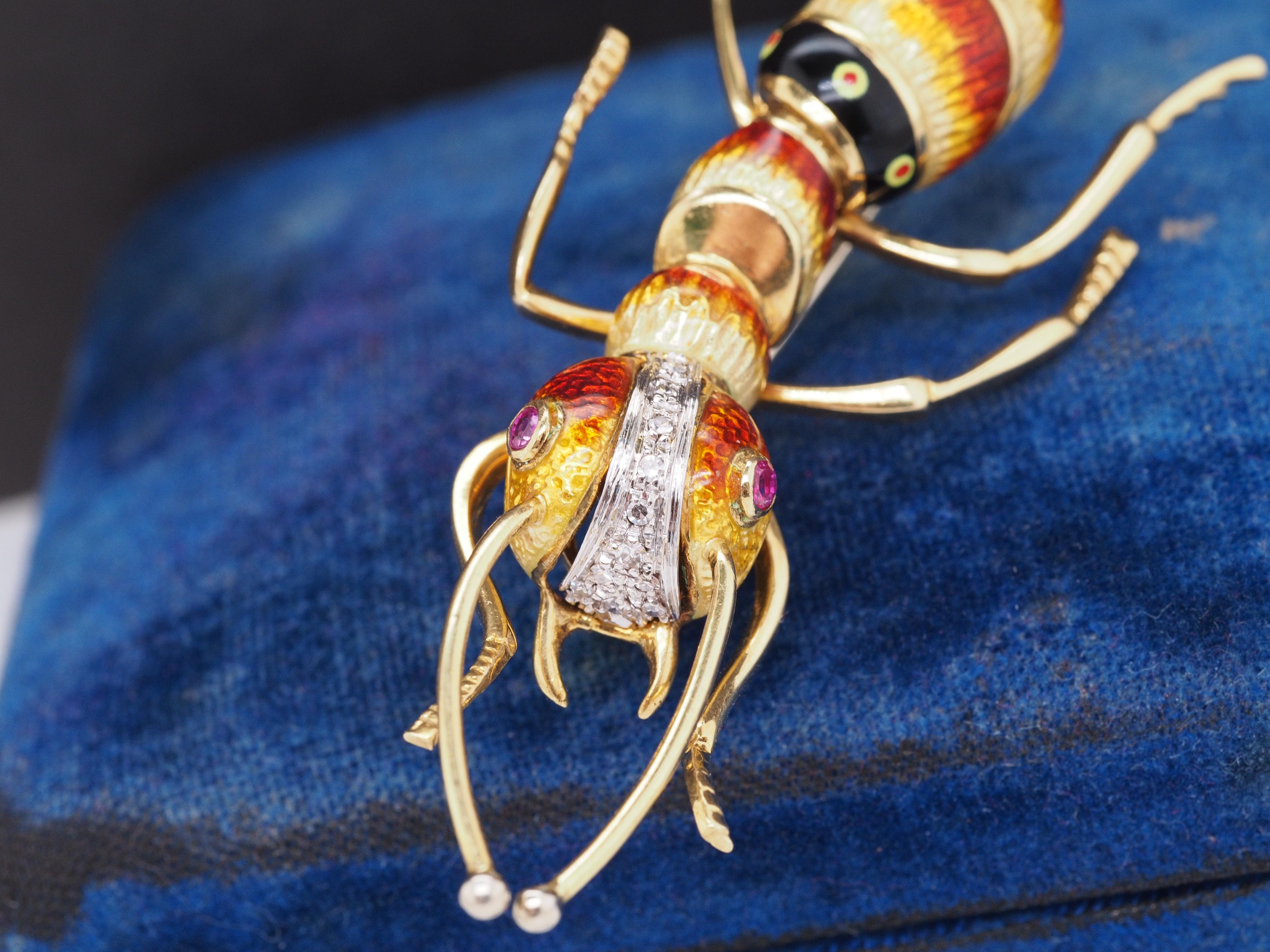 18K Yellow Gold Enamel, Ruby, and Diamond Ant Bug Brooch In Good Condition For Sale In Atlanta, GA