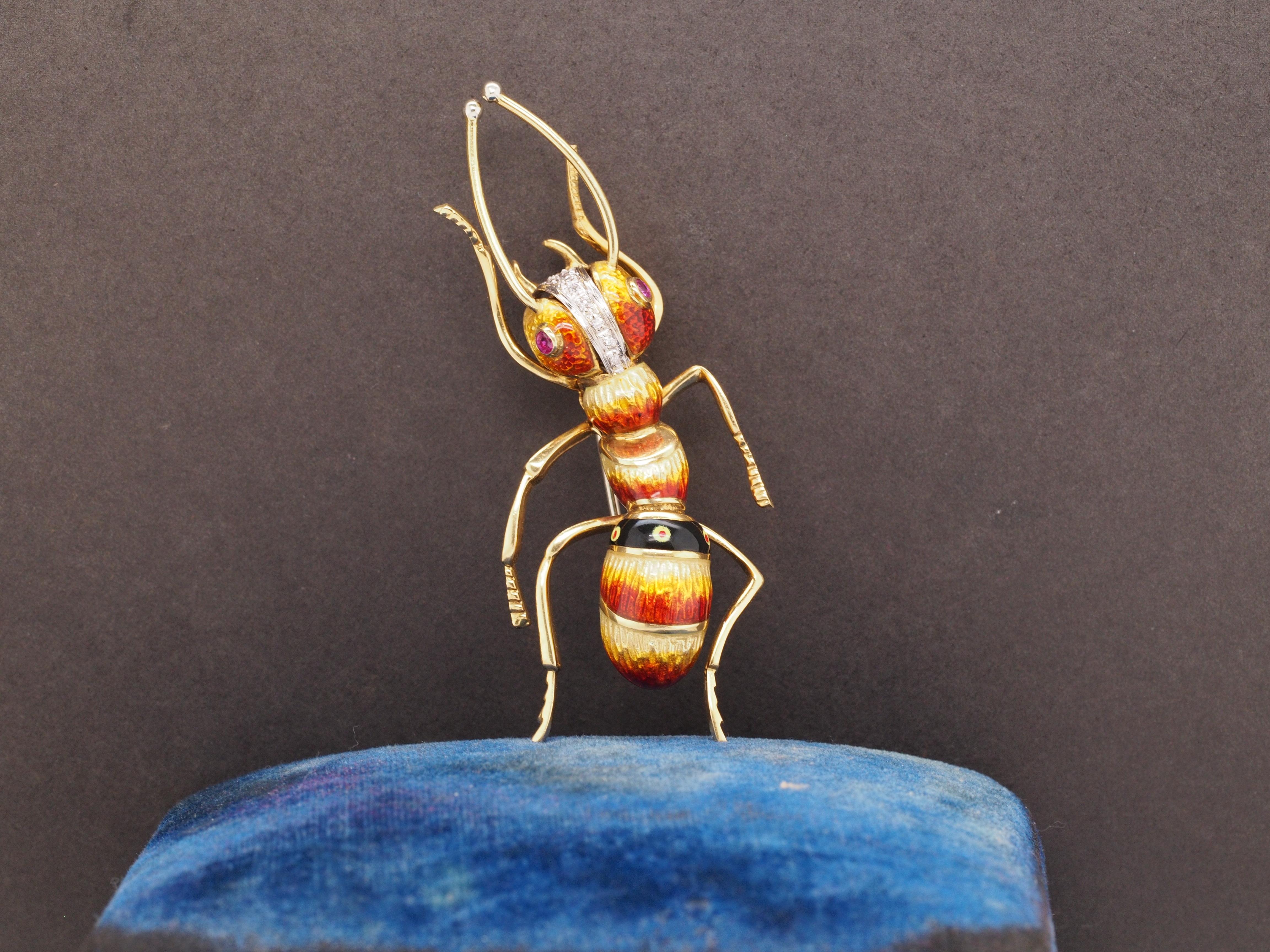 Women's 18K Yellow Gold Enamel, Ruby, and Diamond Ant Bug Brooch For Sale