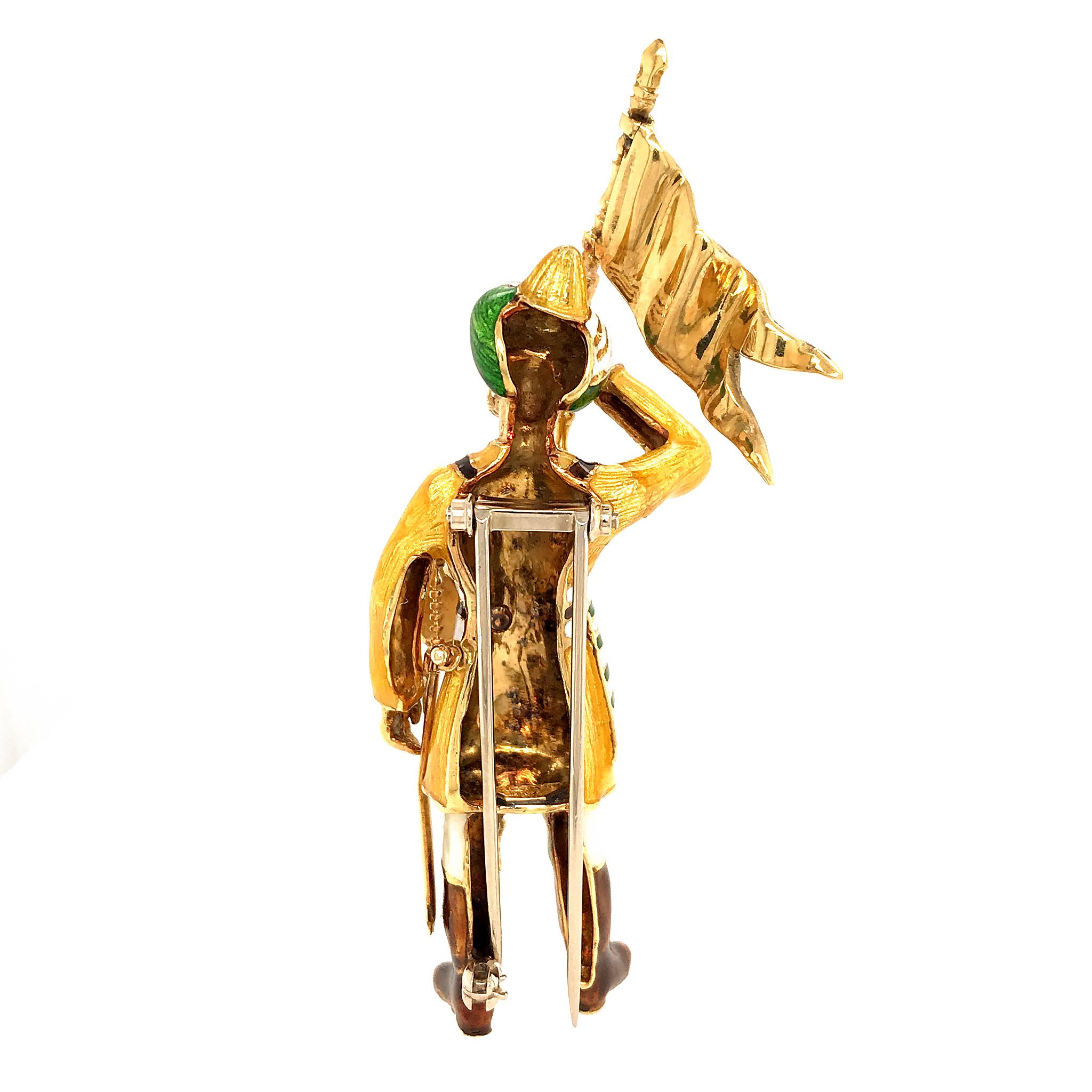 18 Karat Yellow Gold Enamel Soldier Brooch In Excellent Condition In New York, NY