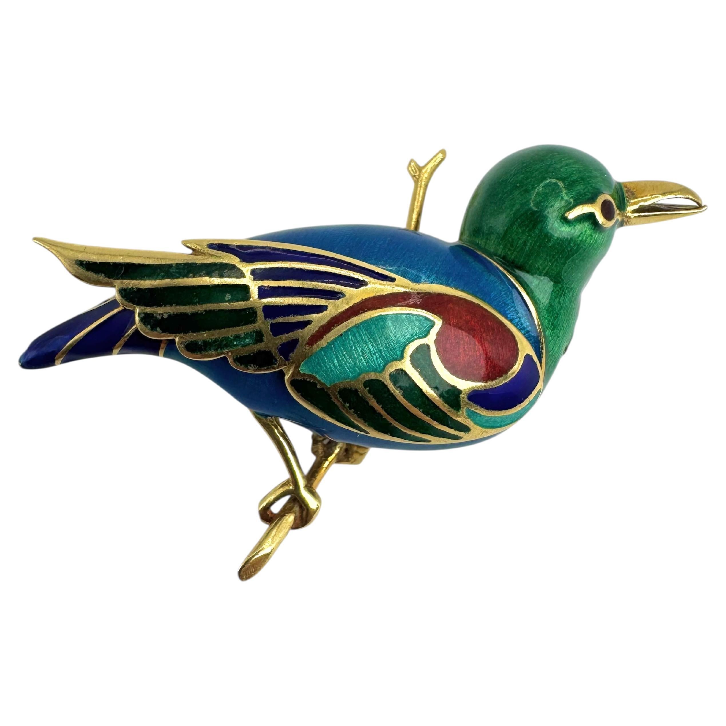 18K Yellow Gold Enamel Starling Bird Brooch