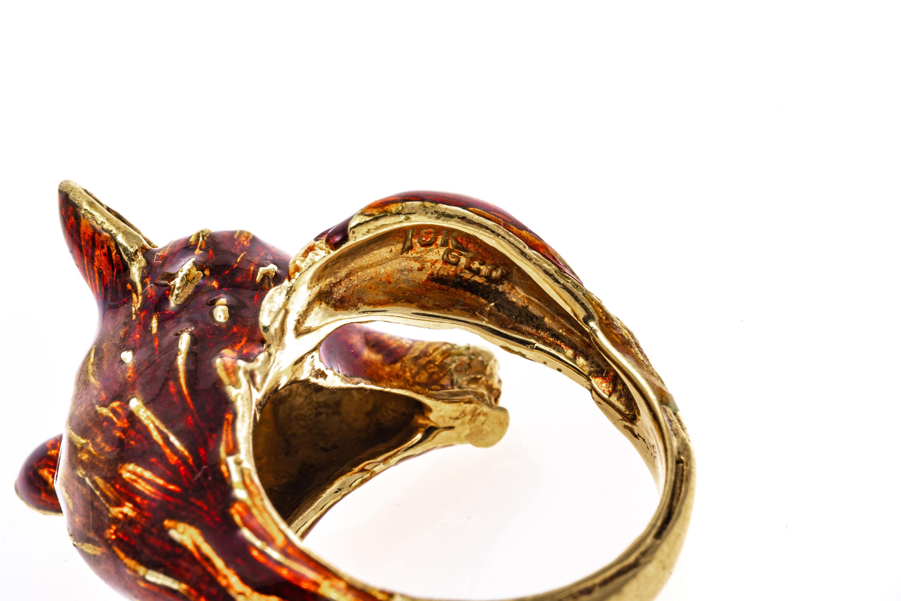 18k Yellow Gold Enameled Figural Fox Head to Tail Ring For Sale 2