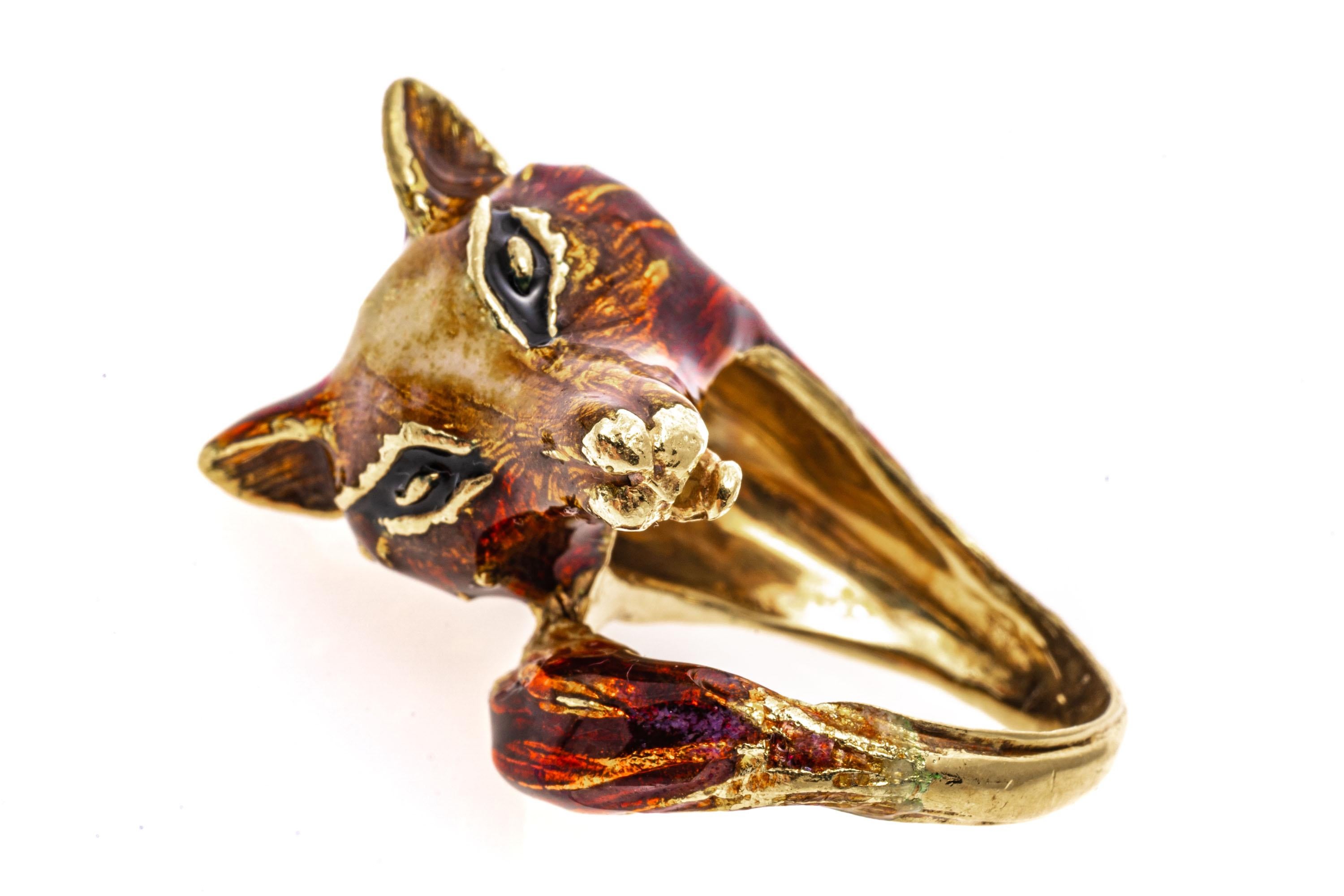18k Yellow Gold Enameled Figural Fox Head to Tail Ring For Sale 5