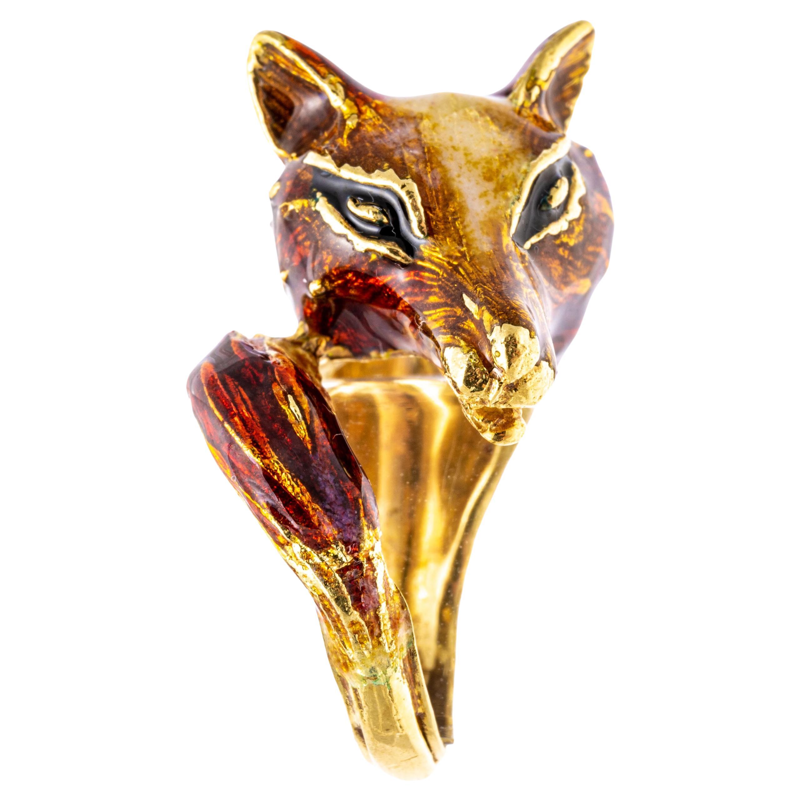 18k Yellow Gold Enameled Figural Fox Head to Tail Ring For Sale