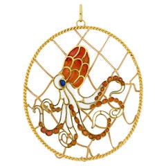 18K Yellow Gold Enameled Octopus in a Web Pendant