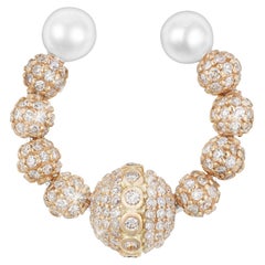 18k Yellow Gold Encrusted Diamonds Ear Cuff with a large sphere and Akoya pearls