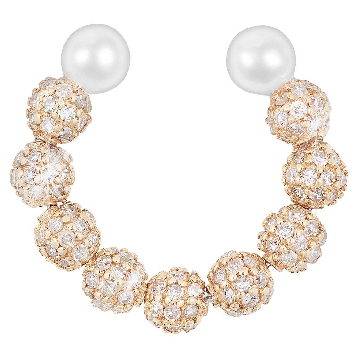 18k Yellow Gold Encrusted Diamonds Ear Cuff with AAA Akoya Pearls For Sale
