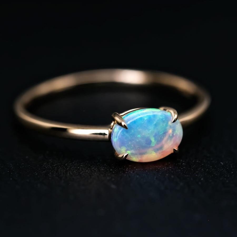 Arts and Crafts 18K Yellow Gold Engagement Ring featuring an Oval Australian Solid Opal For Sale