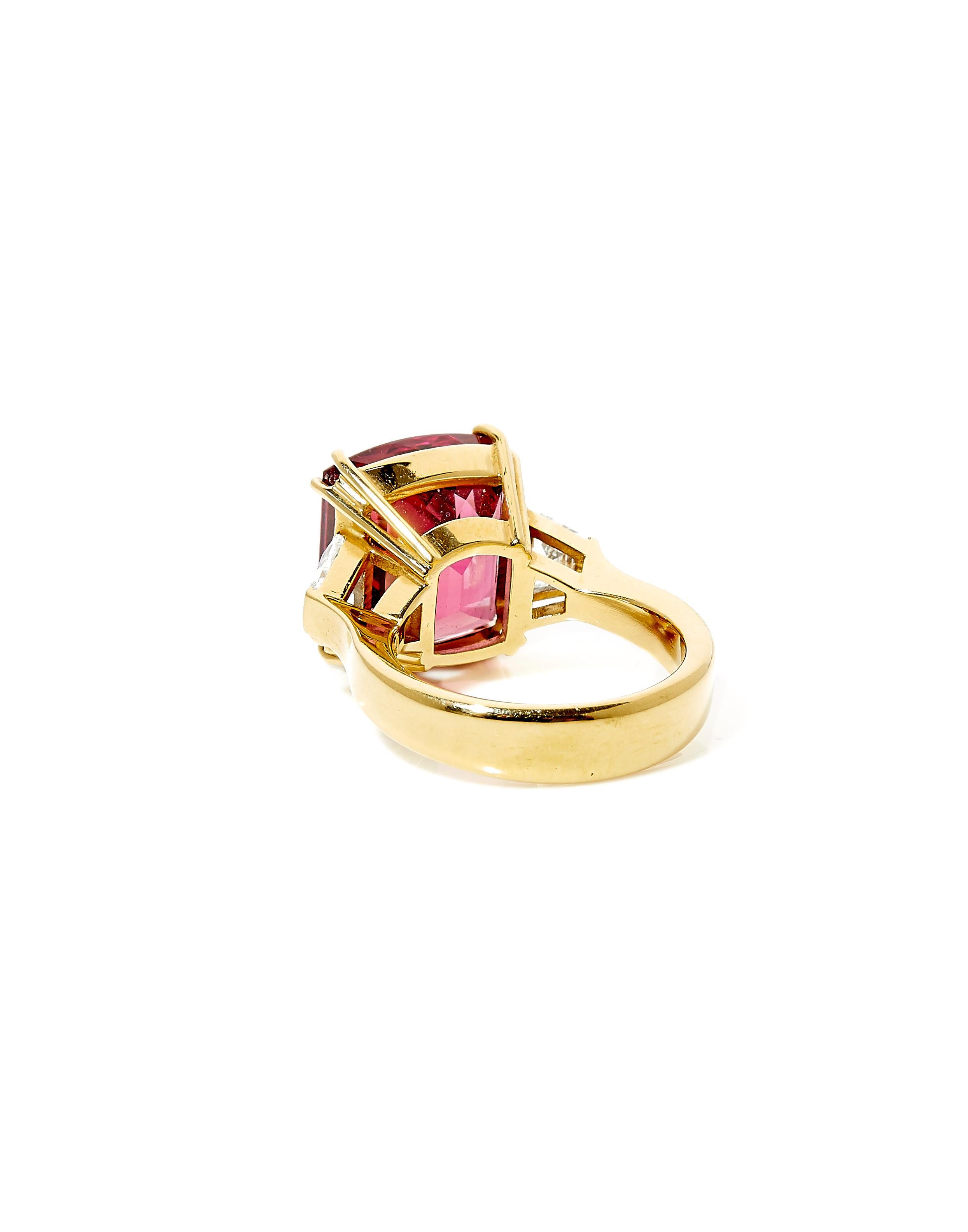 Emerald Cut 18 Karat Yellow Gold Ring with 10.74 Carat Vivid Pink Tourmaline and Diamonds