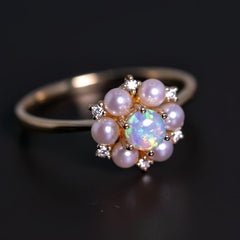 18K Yellow Gold Engagement Ring with Opal, Pearls, Diamonds