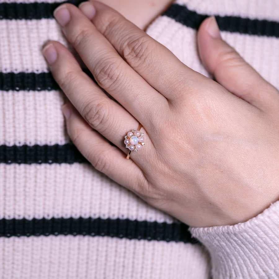 Arts and Crafts 18K Yellow Gold Engagement Ring with Opal, Pearls, Diamonds For Sale