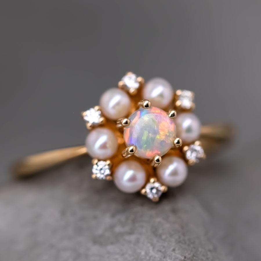 Brilliant Cut 18K Yellow Gold Engagement Ring with Opal, Pearls, Diamonds For Sale