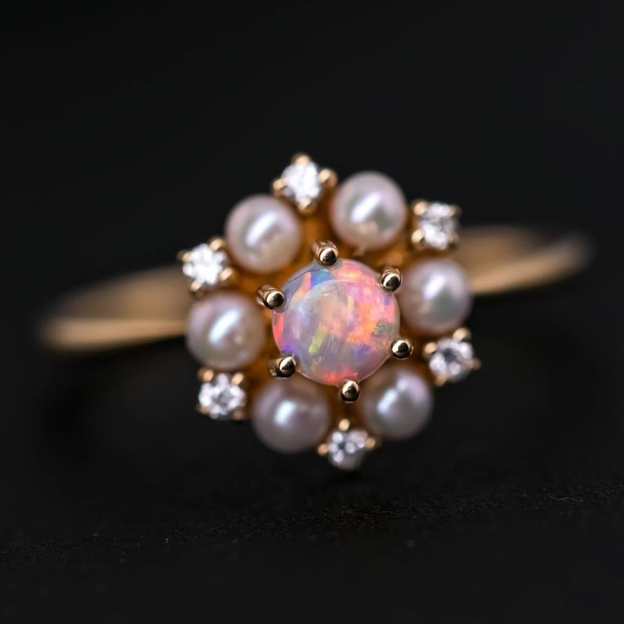 18K Yellow Gold Engagement Ring with Opal, Pearls, Diamonds In New Condition For Sale In Suwanee, GA