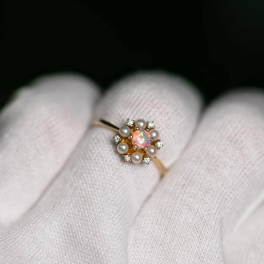 Women's or Men's 18K Yellow Gold Engagement Ring with Opal, Pearls, Diamonds For Sale