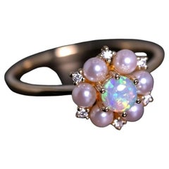 18K Yellow Gold Engagement Ring with Opal, Pearls, Diamonds