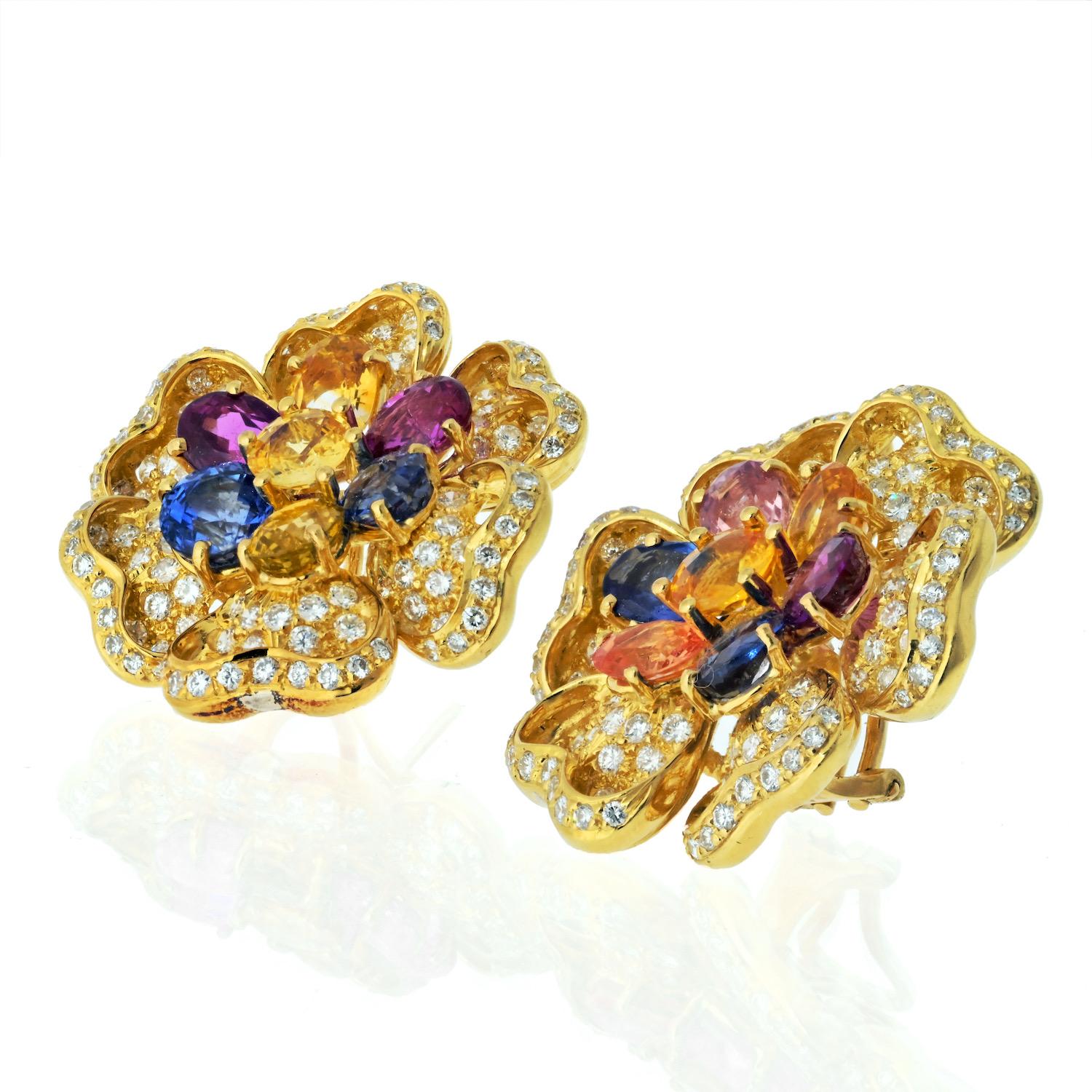 18K Yellow Gold Estate Diamond And Sapphire Flower Earrings 1